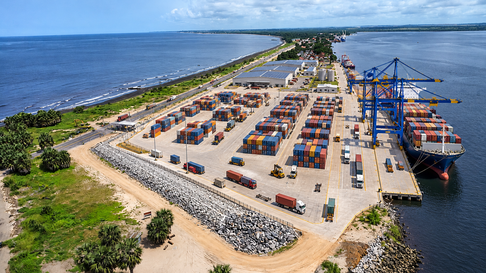 Vue imaginée de Banana à partir d’une photo du site : terminal à conteneurs, navire, camions et entrepôts.