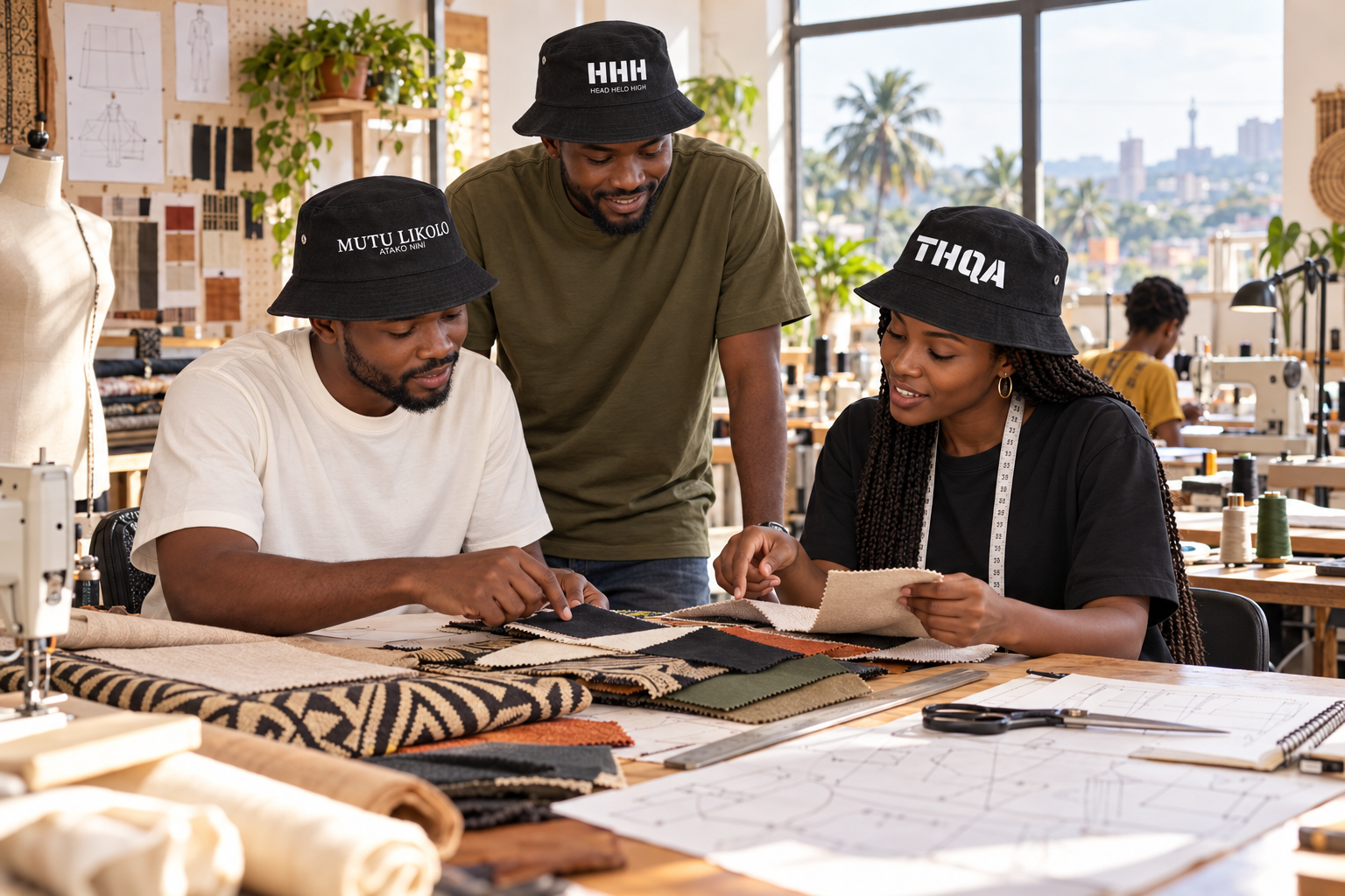 Illustration d’un échange entre créateurs dans un atelier de conception textile à Kinshasa, avec des bobs du catalogue Mutu Likolo
